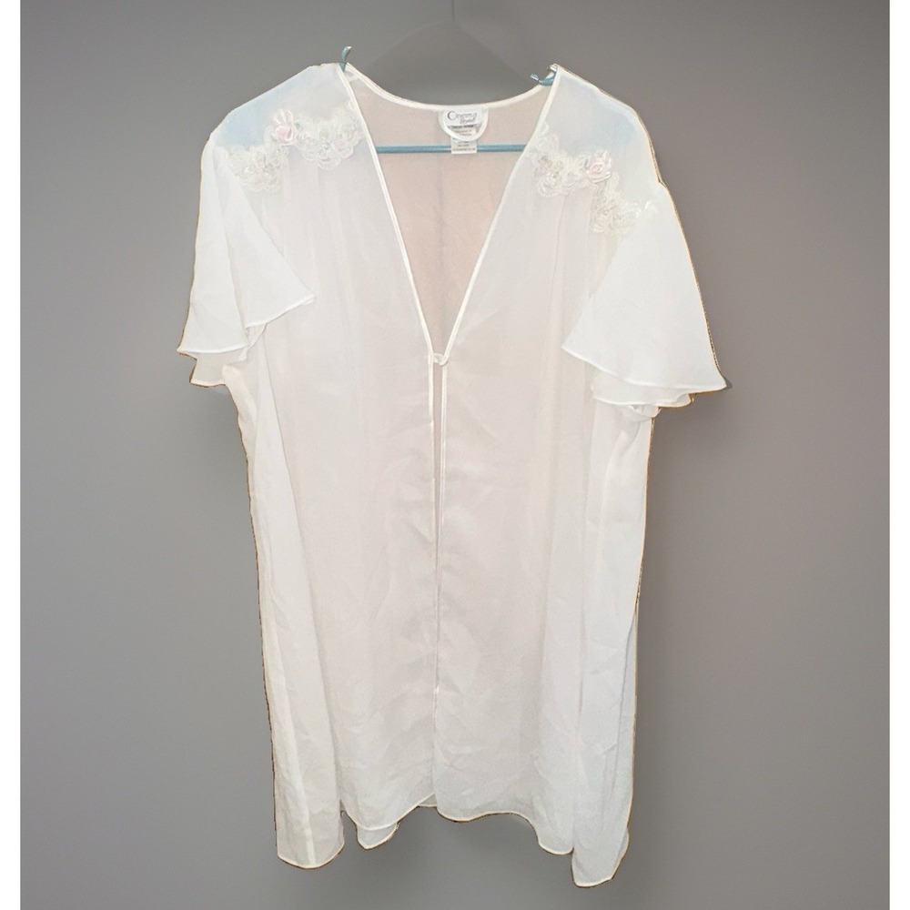 VTG Cinema Etoille White Sheer Chiffon Peignor Robe Floral Lace Sz XL Sleepwear